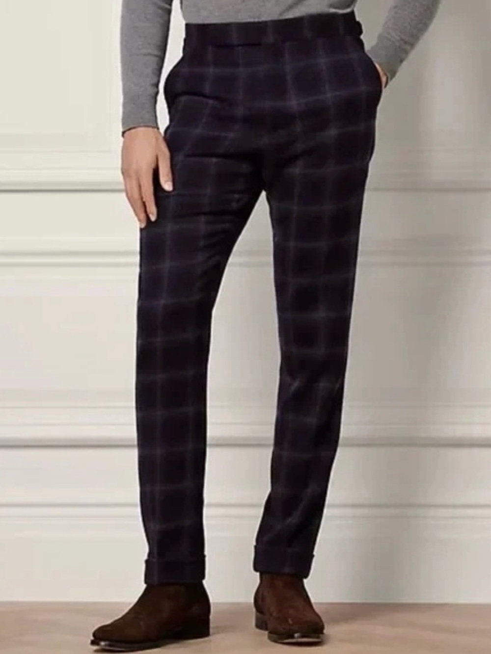Ralph Lauren Purple Label Navy and White Plaid Camel Hair Wool Dress Pants 34